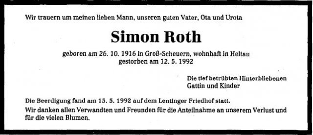 Roth Simon 1916-1992 Todesanzeige